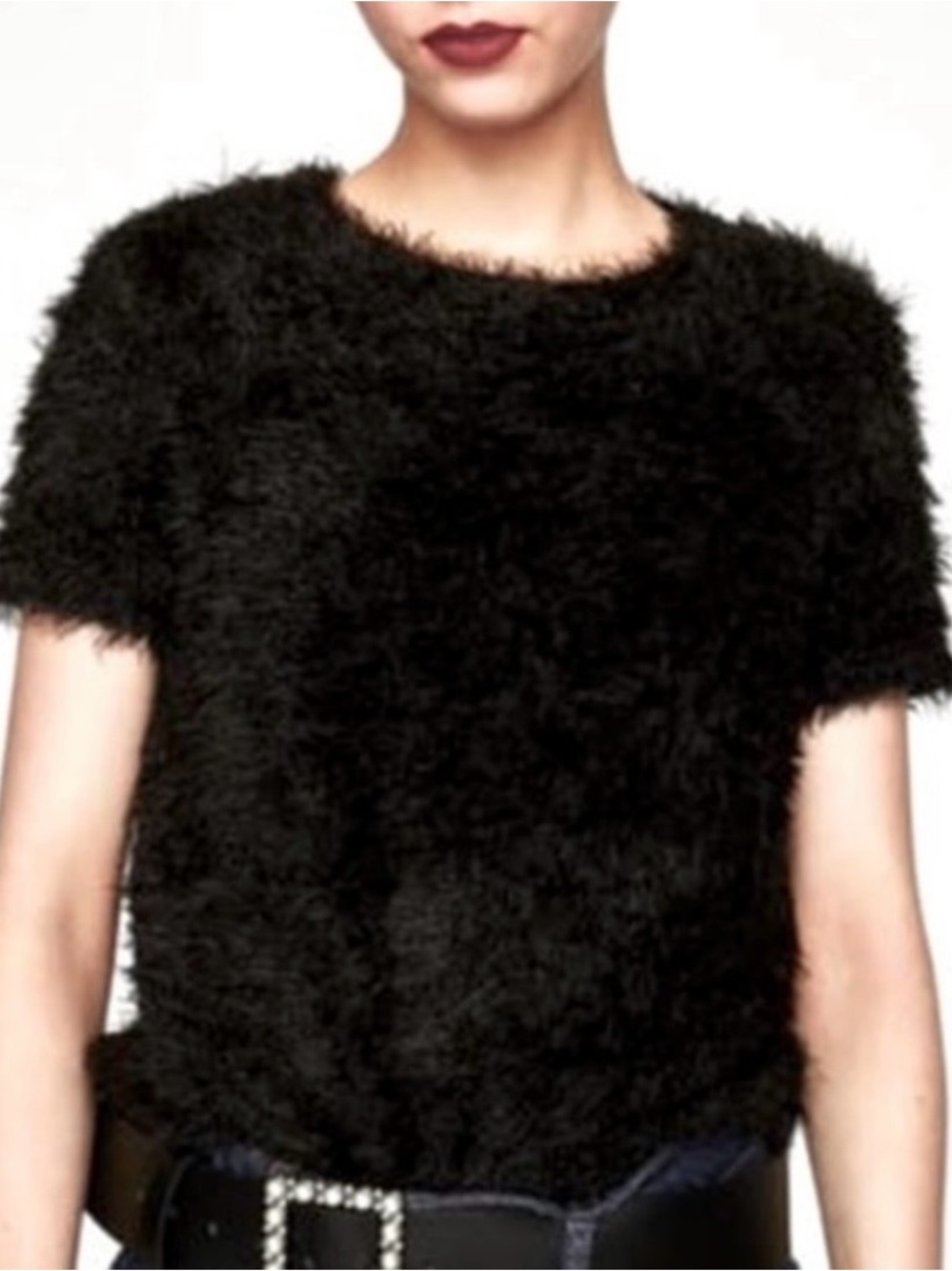Vintage Y2K Zara Black Fuzzy Cropped Top Medium - Picture 7 of 7